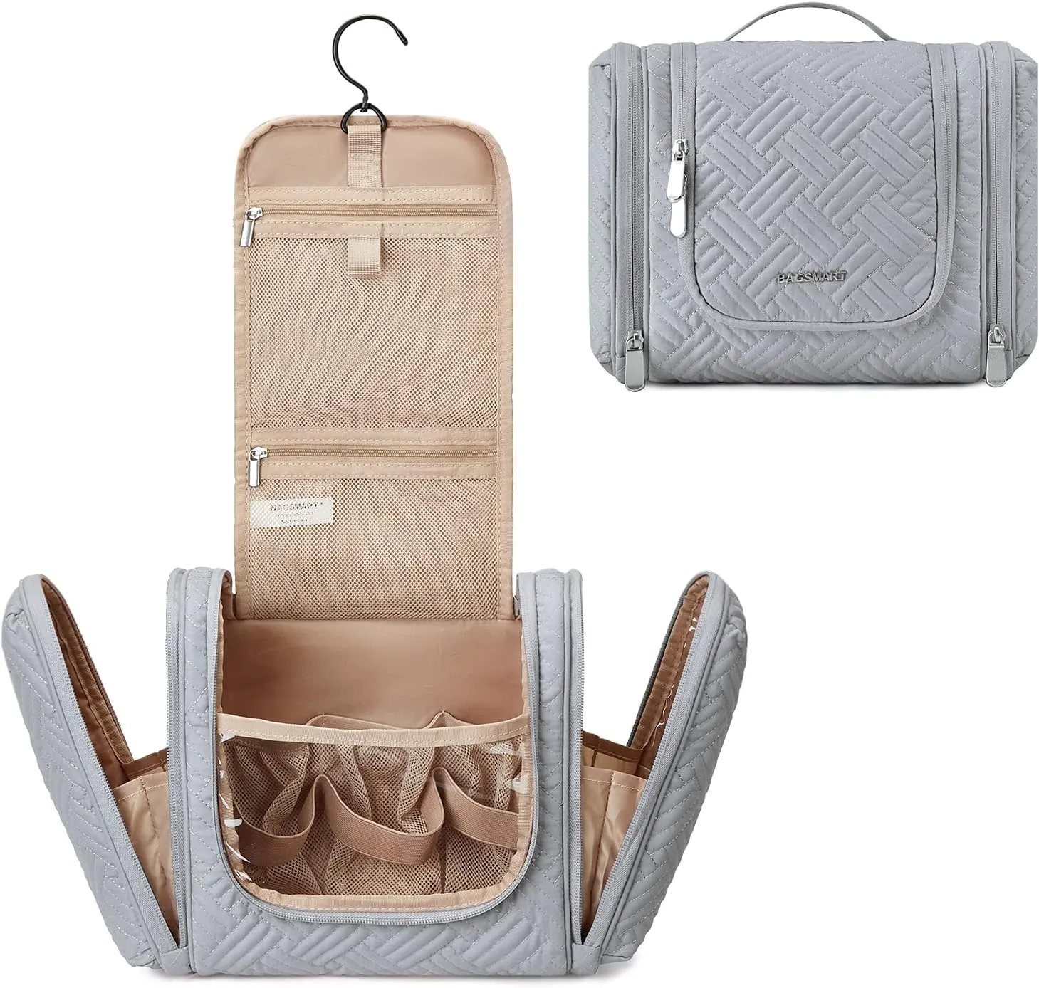 BAGSMART Large Travel Toiletry Bag for Women, Hanging Toiletry Bag with Hook, Travel Cosmetic Makeup Bag Travel Organizer for Accessories, Shampoo, Full Sized Container, Toiletries,Grey-Large
