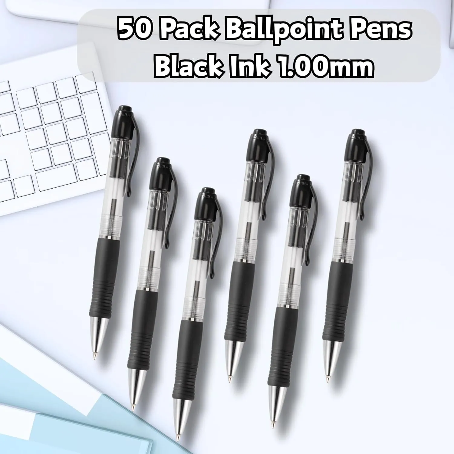 BallPoint Pens Bulk, 50 Pack (BLACK Ink), No Bleed Black Ink with soft Grip, Click Pens for Office Home and School, Retractable Ballpoint Pens, Medium Point, 1.00MM Smooth Writing (Black)