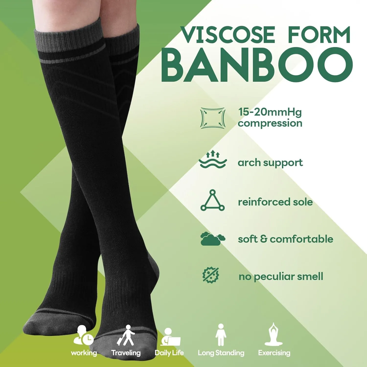 Bamboo Viscose Compression Socks for Women Men (3 Pairs) 15-20 mmHg Knee High Support for Nurses Travel Pregnant
