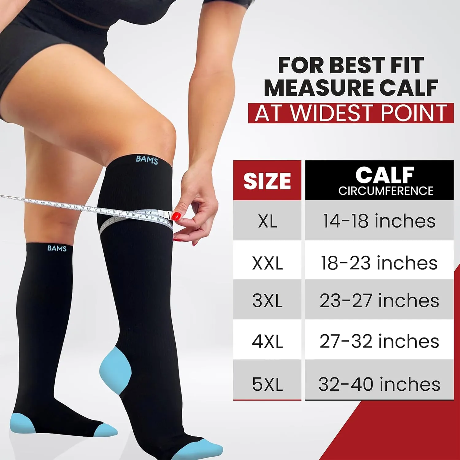 BAMS Plus Size Compression Socks Wide Calf XL XXL XXXL – Graduated Knee-High Support, Viscose from Bamboo Easy-On/Easy-Off