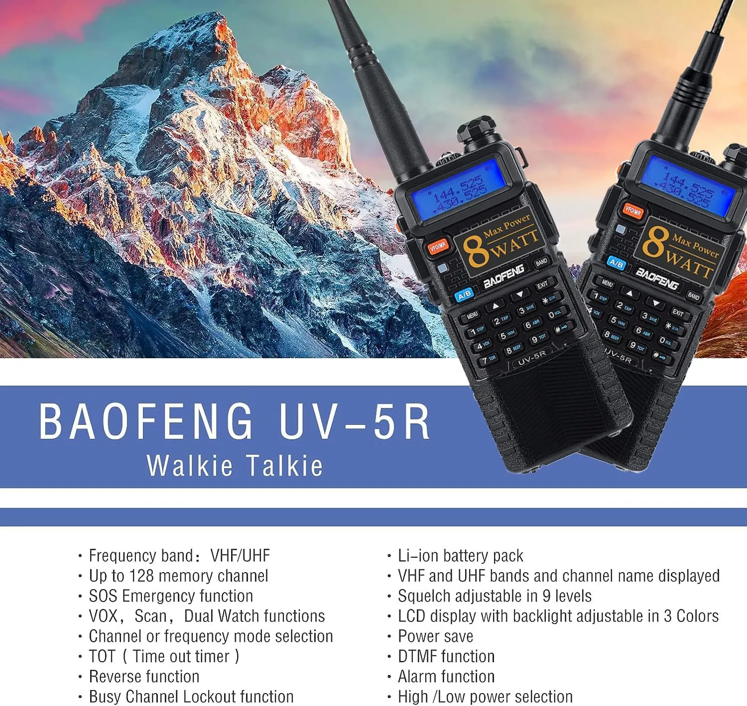 Baofeng UV-5R 8W Ham Radio Long Range Dual Band UV5R Wakie Talkies Rechargeable 3800mAh Battery Handheld Two Way Radio with Earpiece and Programing Cable 2Pack