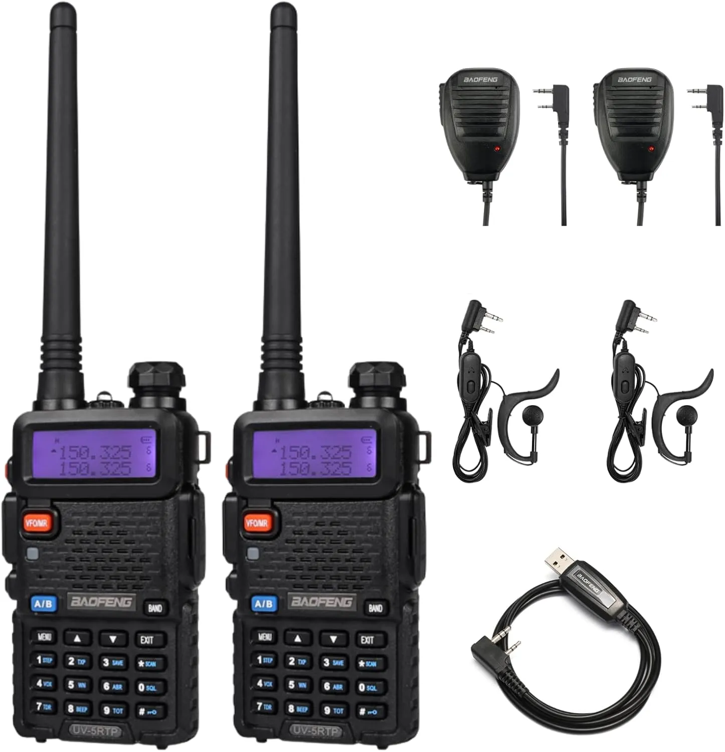 BAOFENG UV-5RTP 8/4/1W Two-Way Radio, High Power Dual Band Long Range for Adults, Tri-Power Handheld Ham Radio with Speaker Mic, Programming Cable (2 Pack)