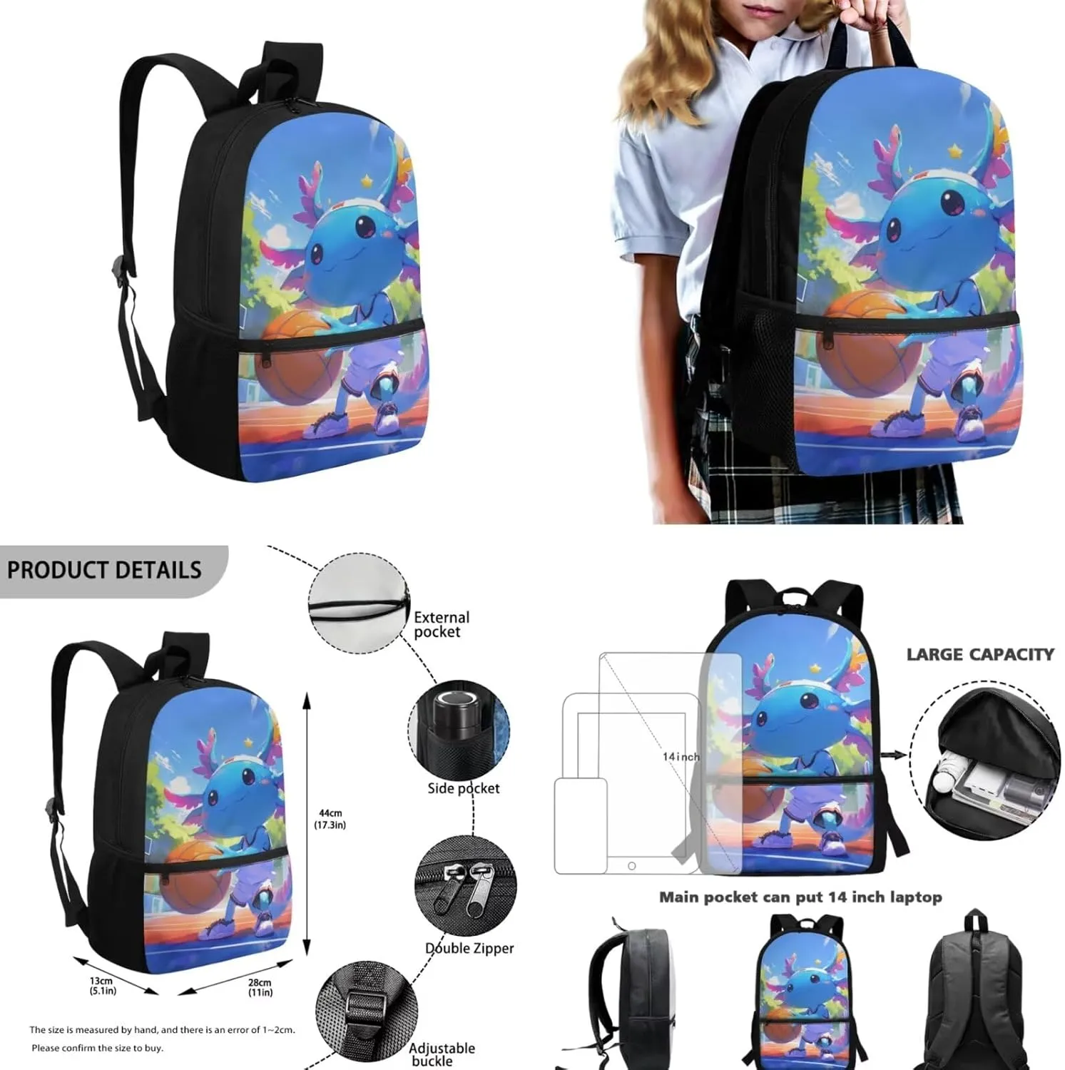Basketball Axolotl 17" Kids School Backpack for Boys 5th Grade 4 PCS Set Kids' Backpacks & Lunch Boxes Lightweight Book Bags for Boys Shoulder Bags for Travel Hiking Daypack