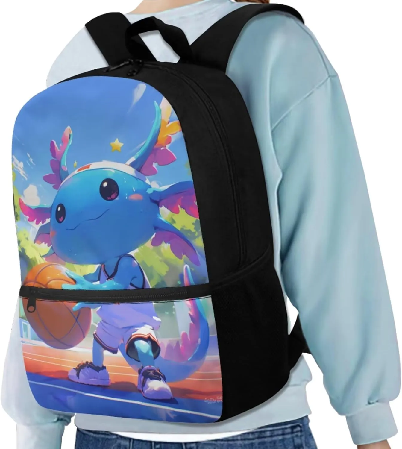 Basketball Axolotl 17" Kids School Backpack for Boys 5th Grade 4 PCS Set Kids' Backpacks & Lunch Boxes Lightweight Book Bags for Boys Shoulder Bags for Travel Hiking Daypack
