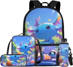Basketball Axolotl 17" Kids School Backpack for Boys 5th Grade 4 PCS Set Kids' Backpacks & Lunch Boxes Lightweight Book Bags for Boys Shoulder Bags for Travel Hiking Daypack