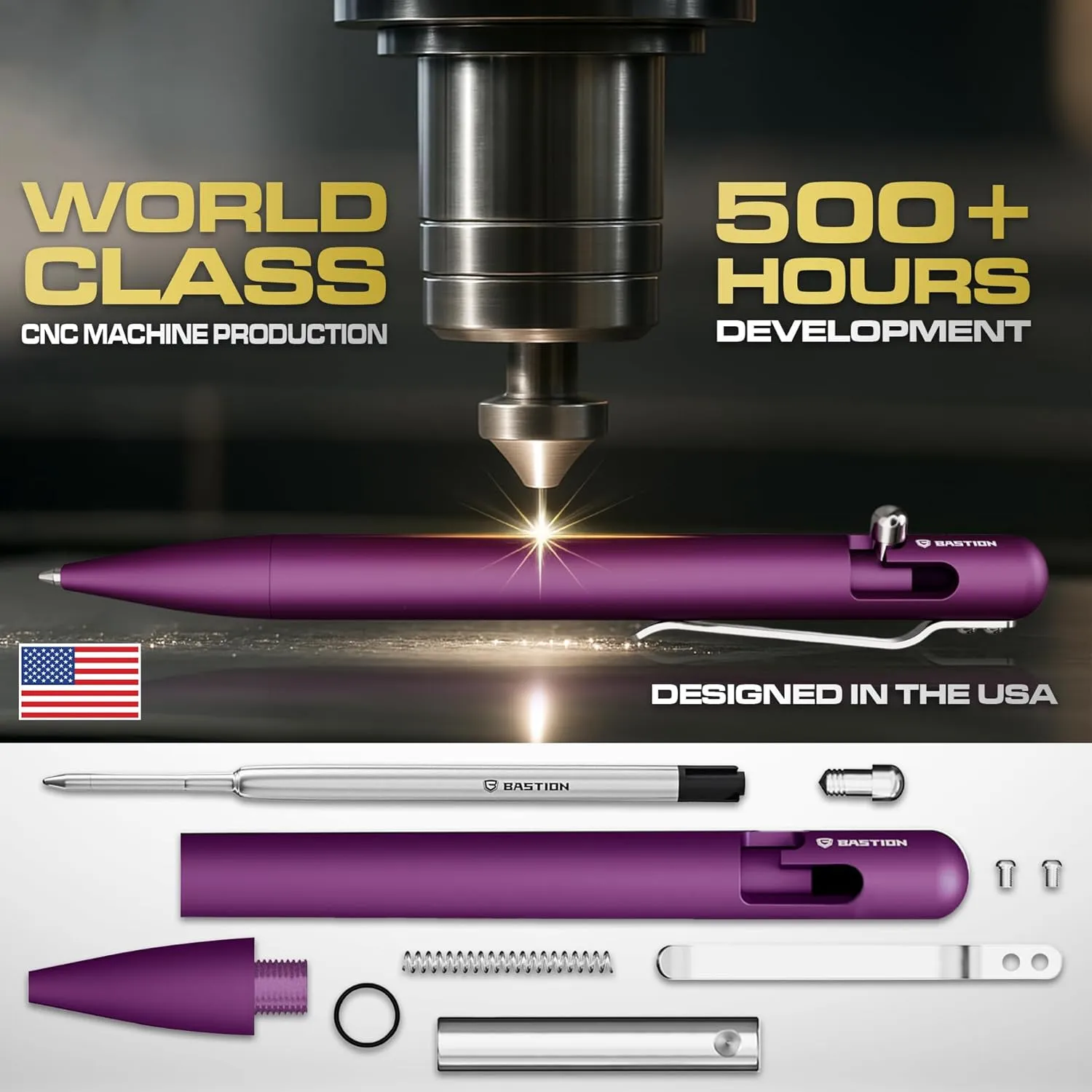 BASTION® Luxury Bolt Action Pen, Durable Professional Ballpoint Pen with Fine Tip, EDC Pen, Ink Refillable Pen for Birthday Gift, Travel Pen for School and Work