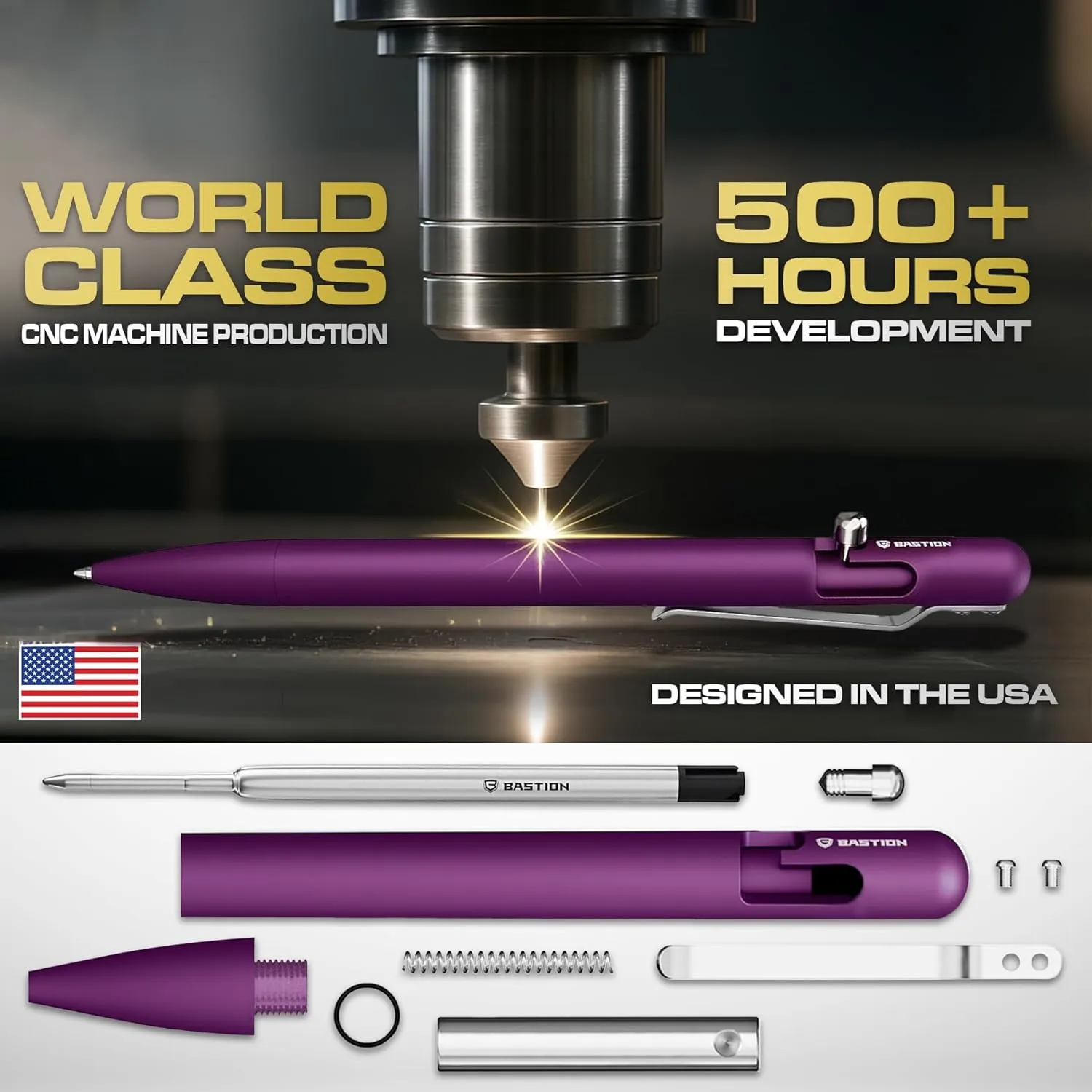 BASTION® Luxury Slim Bolt Action Pen, Lightweight Aluminum EDC Pen with Fine Tip, Professional Ballpoint Pen for School and Work - Purple