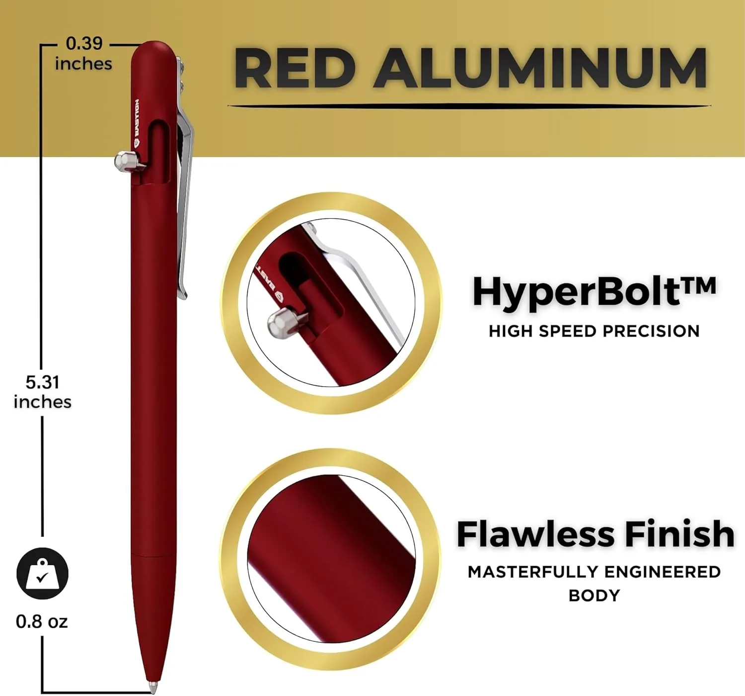BASTION® Luxury Slim Bolt Action Pen, Lightweight Aluminum EDC Pen with Fine Tip, Professional Ballpoint Pen for School and Work - Red