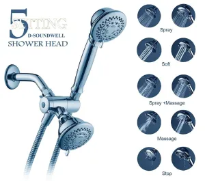 Bathroom Shower Accessories Handheld and Fixed Shower Combo 5 Settings ABS Material Chrome Finish Surface Showerhead Set With