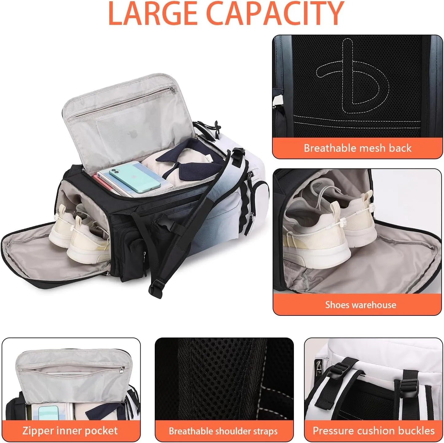 BE SMART 50L Extra Large Gym Backpack for Men, Big Gym Bag with Shoes Compartment, Waterproof Heavy Duty Duffel Bags, Men's Workout Backpacks for Outdoor Sport,Hiking,Camping,Travel