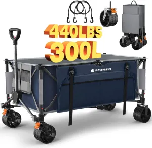 Beach Wagon with Big Wheels for Sand, 440lbs 300L Folding Wagon, Heavy Duty Collapsible Cart, Blue/Gray