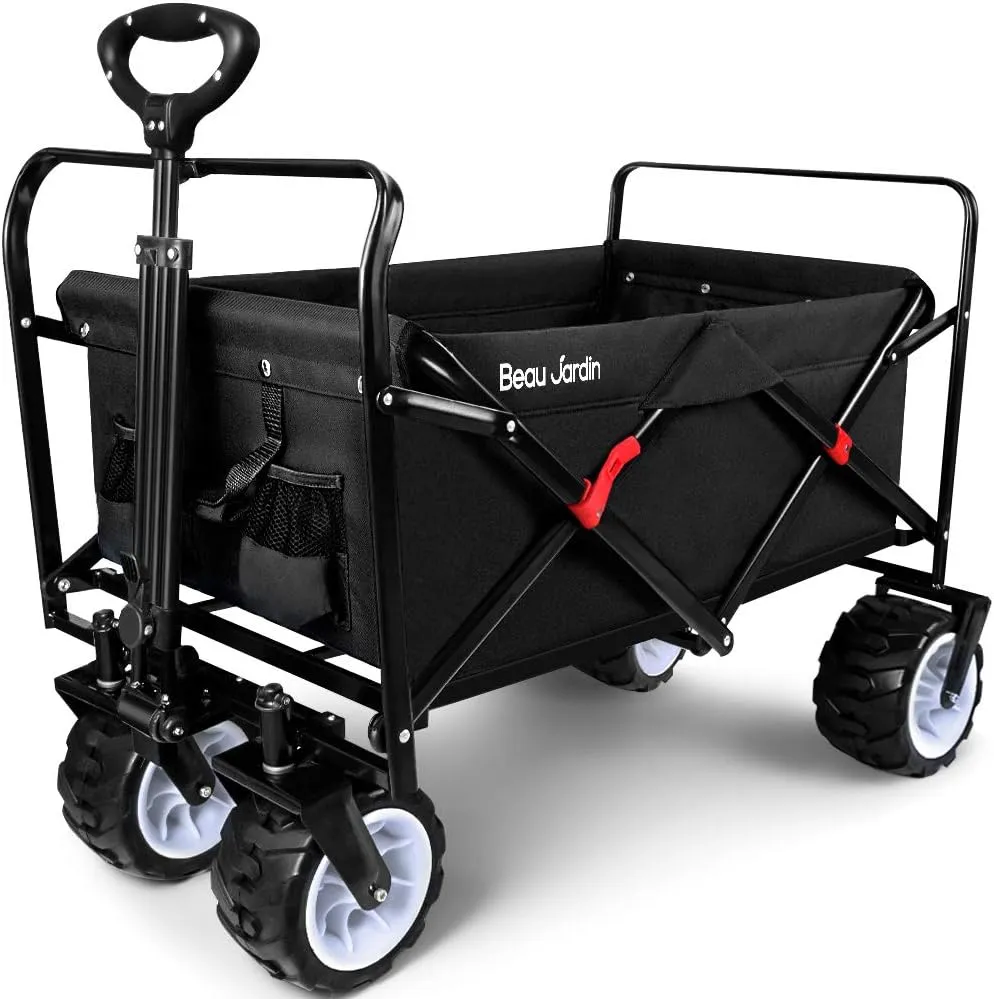 BEAU JARDIN Collapsible Folding Beach Wagon 350LBS Heavy Duty Foldable Wagon Grocery Utility Cart for Garden Sports Shopping Outdoor All Terrain Beach Wheel Black