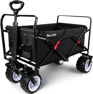 BEAU JARDIN Collapsible Folding Beach Wagon 350LBS Heavy Duty Foldable Wagon Grocery Utility Cart for Garden Sports Shopping Outdoor All Terrain Beach Wheel Black