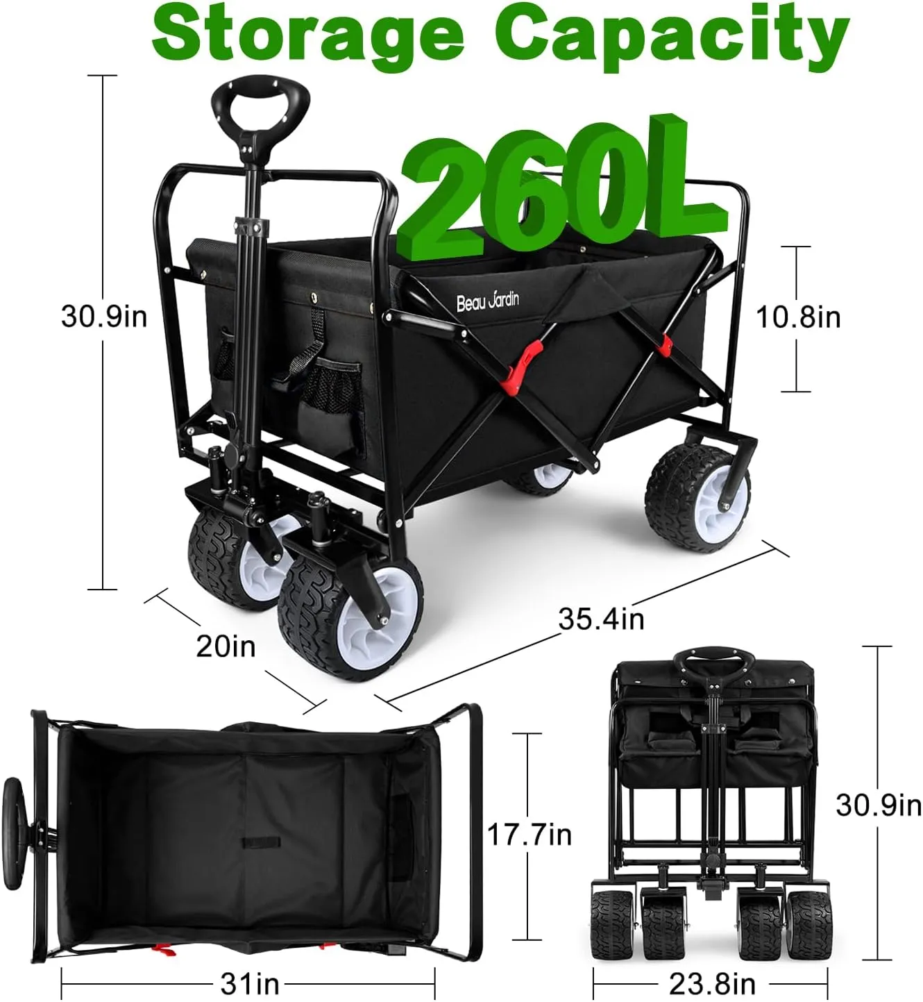 BEAU JARDIN Collapsible Folding Beach Wagon 350LBS Heavy Duty Foldable Wagon Grocery Utility Cart for Garden Sports Shopping Outdoor All Terrain Beach Wheel Black