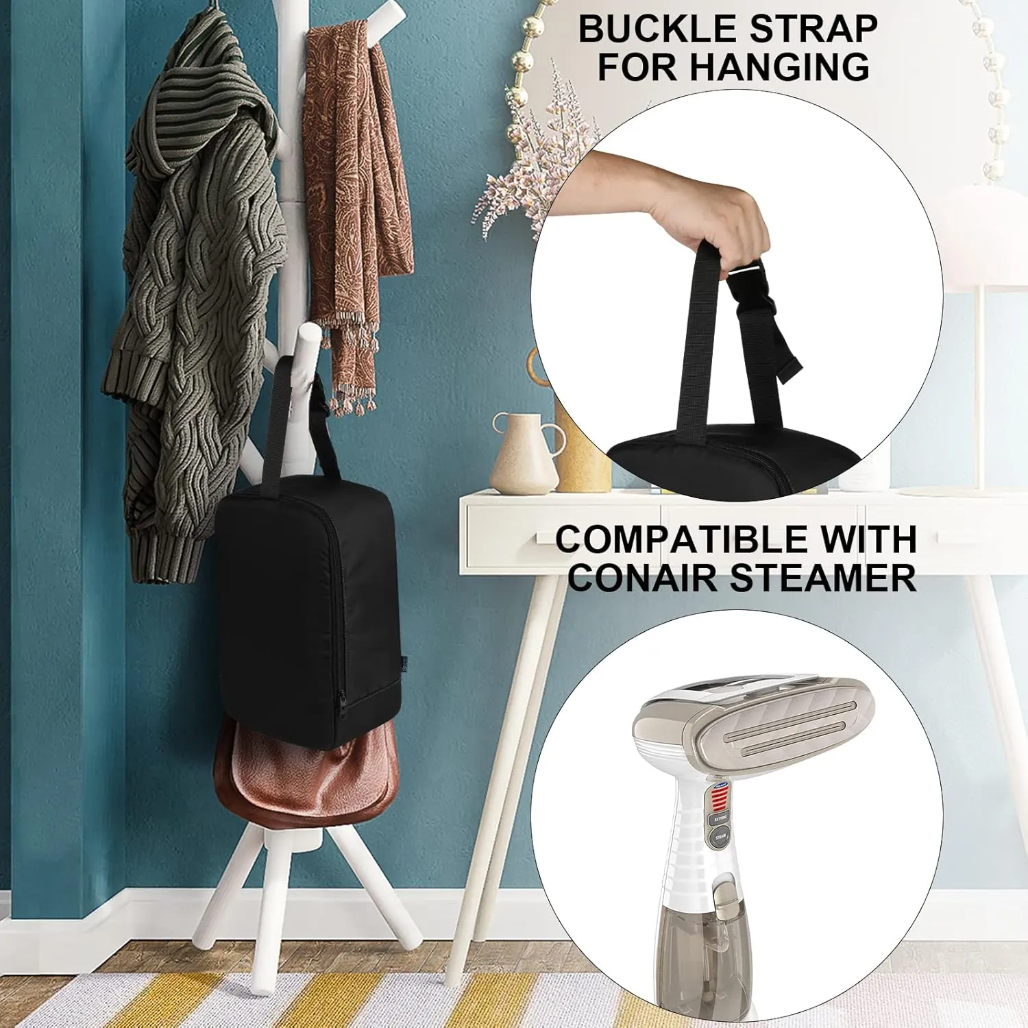 Beautyflier Travel Steam Iron Bag for Conair Handheld Garment Steamer, Portable Handheld Design Steamer Carrying Case Holder Iron Case Organizer with Hanging Buckle Strap, Bag Only (Black)