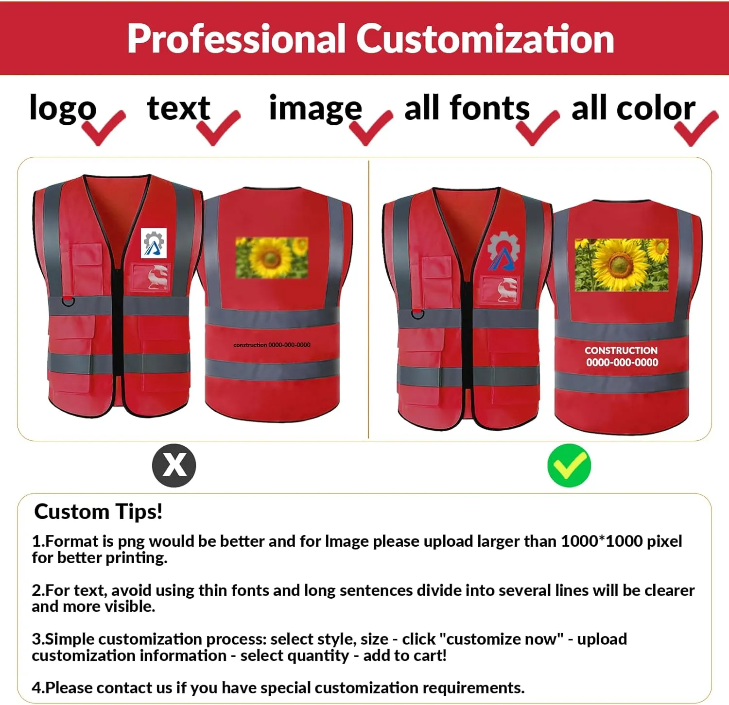BeautyWill Custom Safety Vest logo Visibility Reflective Vest Class 2 Hi Vis Security Construction Work Vest