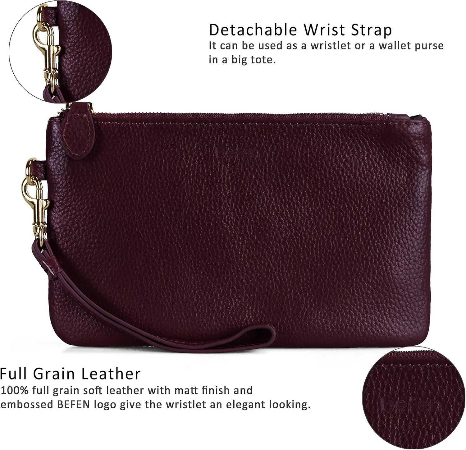 befen Women's Genuine Italian Leather Wristlet Clutch Wallet Purse, Gold Zipper