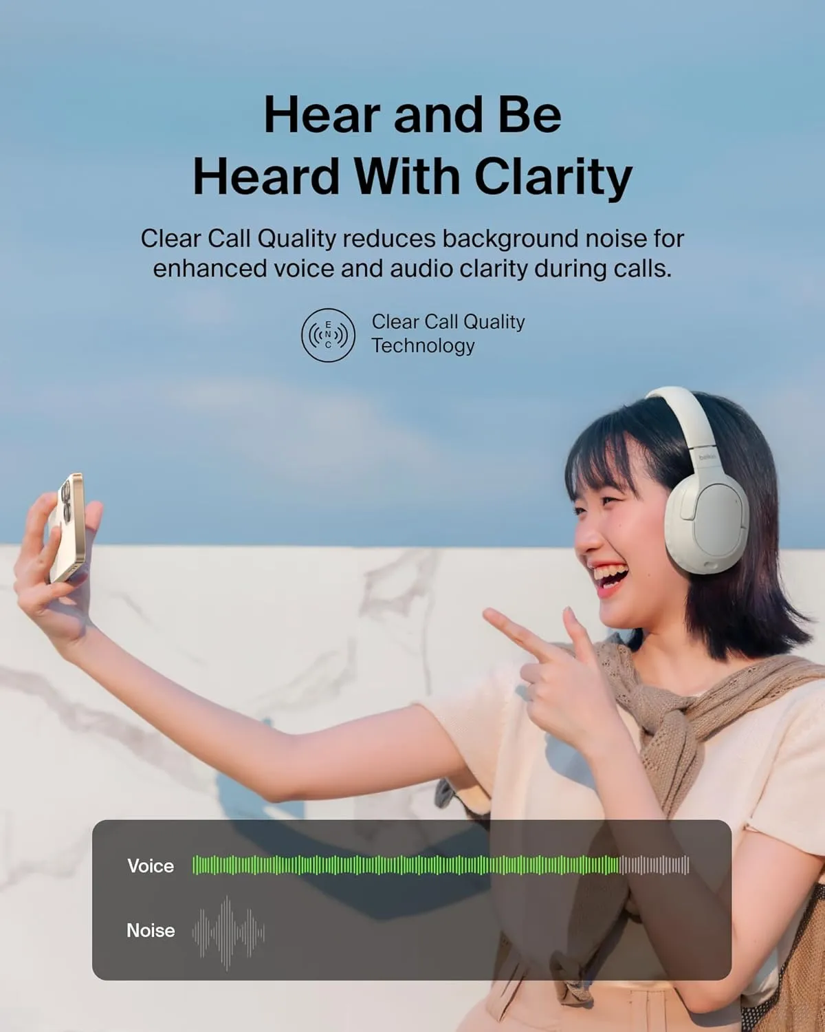 Belkin SoundForm Surround Bluetooth Over-Ear Headphones - Environmental Noise Cancelling Headphones - Wireless w/ 60H Playtime & Soft Ear Cups for iPhone, Galaxy, iPad, Travel, Home, or Office - Sand