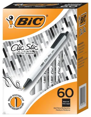BIC Clic Stic Retractable Ballpoint Pen, 1 mm Medium Tip, Black, Pack of 60