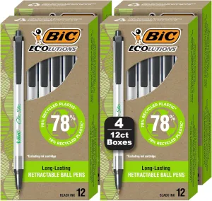 BIC Ecolutions Clic Stic Black Ballpoint Pens, Medium Point (1.0mm), 48-Count Pack, Retractable Ball Point Pens Made from 78% Recycled Plastic