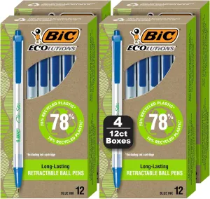 BIC Ecolutions Clic Stic Blue Ballpoint Pens, Medium Point (1.0mm), 48-Count Pack, Retractable Ball Point Pens Made from 78% Recycled Plastic