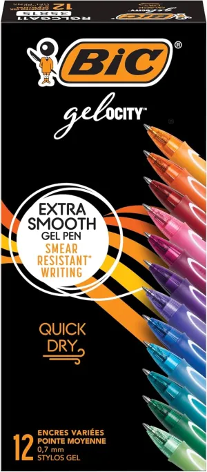 BIC Gelocity Quick Dry Assorted Colors Gel Pens, Medium Point (0.7mm), 12-Count Pack, Retractable Gel Pens With Comfortable Full Grip