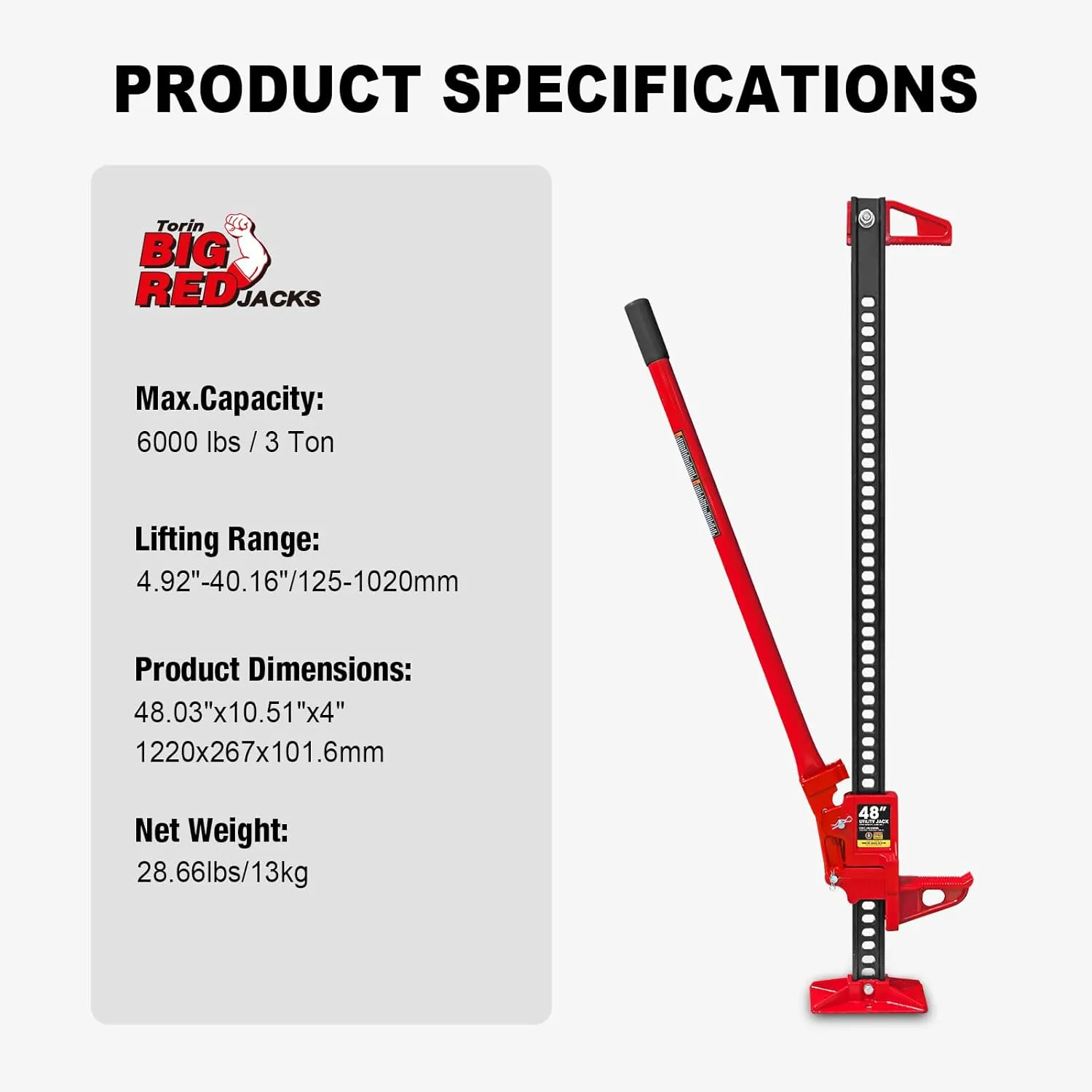 BIG RED TR6501B Torin 48" Ratcheting Off Road Utility Farm Jack, 3 Ton (6,000 lb) Capacity, Red