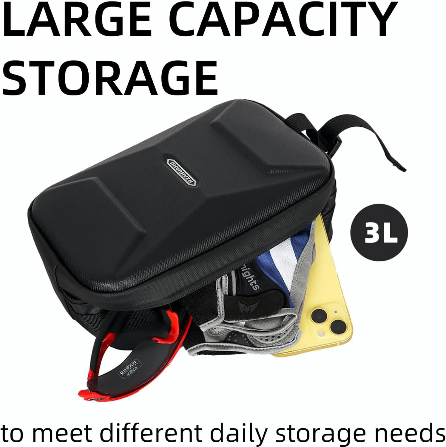 Bike Phone Front Frame Bag, Wearable Shoulder Strap, Large Capacity, Hard Shell Fabric, Cycling Pouch, Mountain Bicycle Bag, Bike Accessories for Commuting, Travel, Exploration (Black)