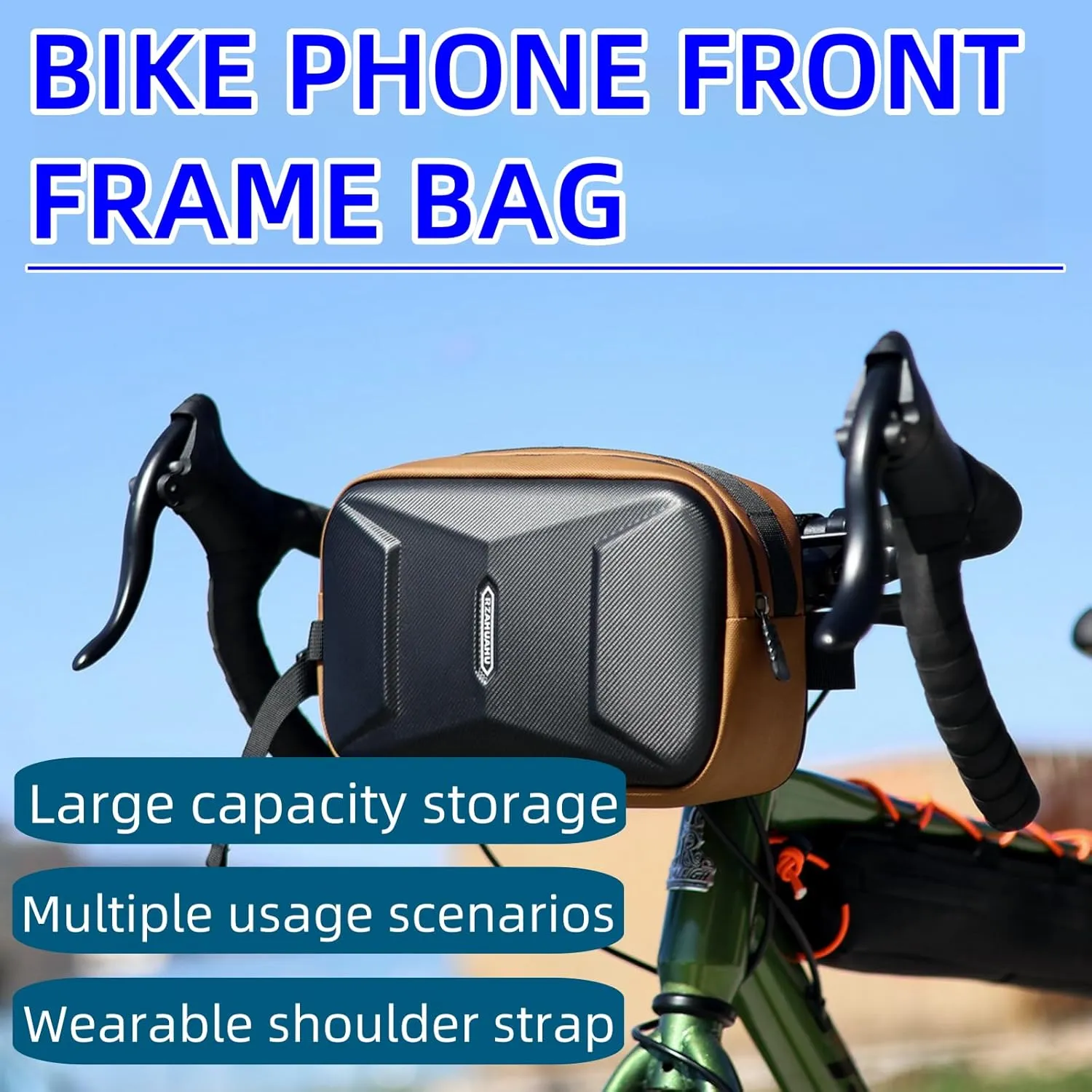 Bike Phone Front Frame Bag, Wearable Shoulder Strap, Large Capacity, Hard Shell Fabric, Cycling Pouch, Mountain Bicycle Bag, Bike Accessories for Commuting, Travel, Exploration (Black)