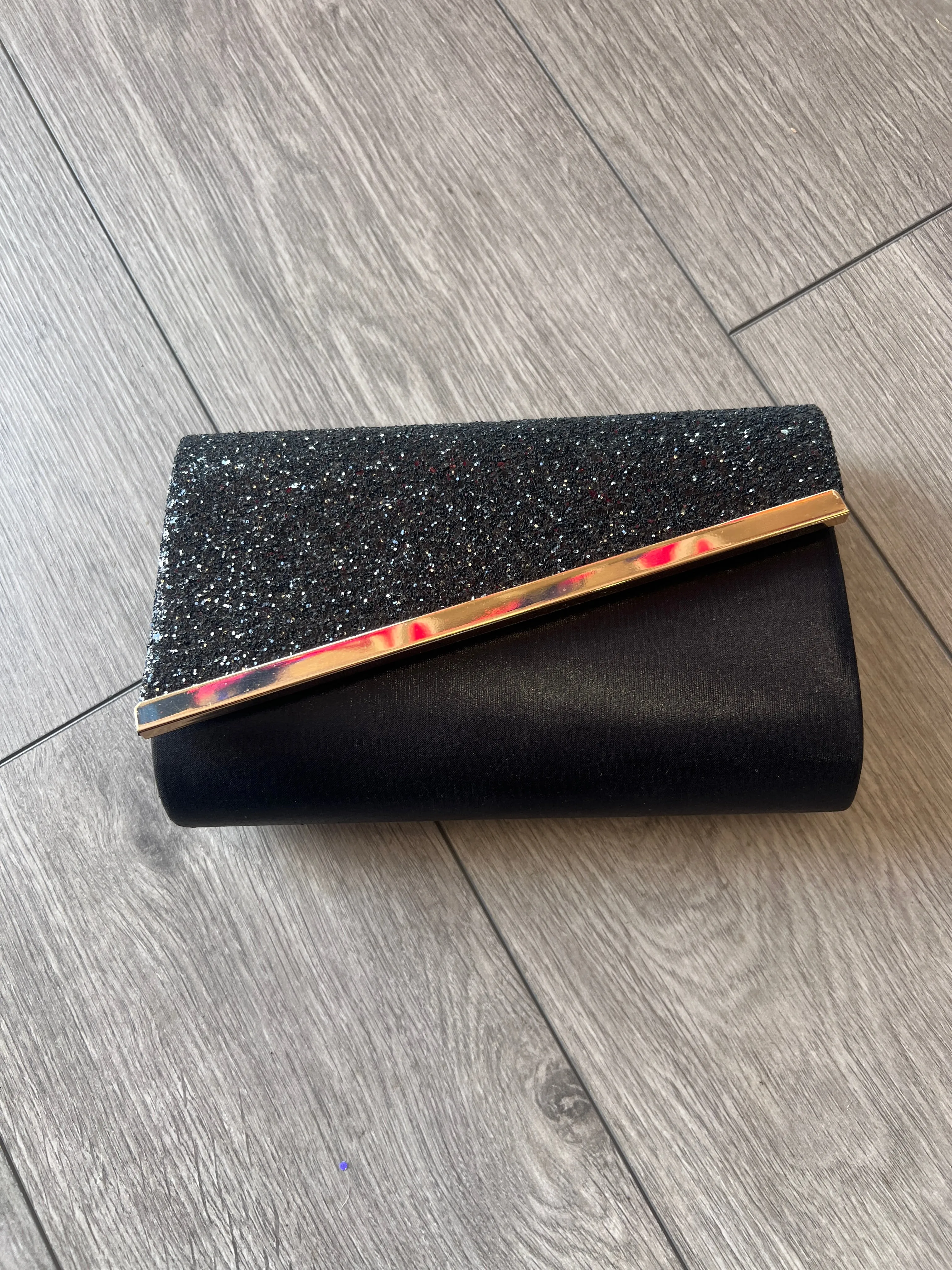 Black Glitter Clutch Bag With Gold Trim