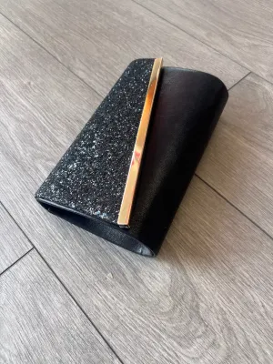 Black Glitter Clutch Bag With Gold Trim