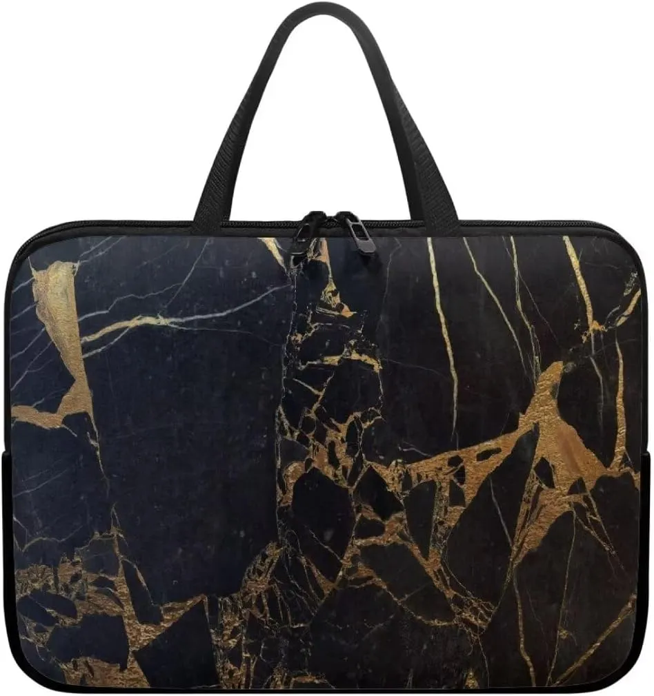 Black Gold Marble Laptop Sleeve Case for Women Multifuntional Tablet Business Carrying Handbag Lightweight Laptop Bag for Men Travel Office-12 inch