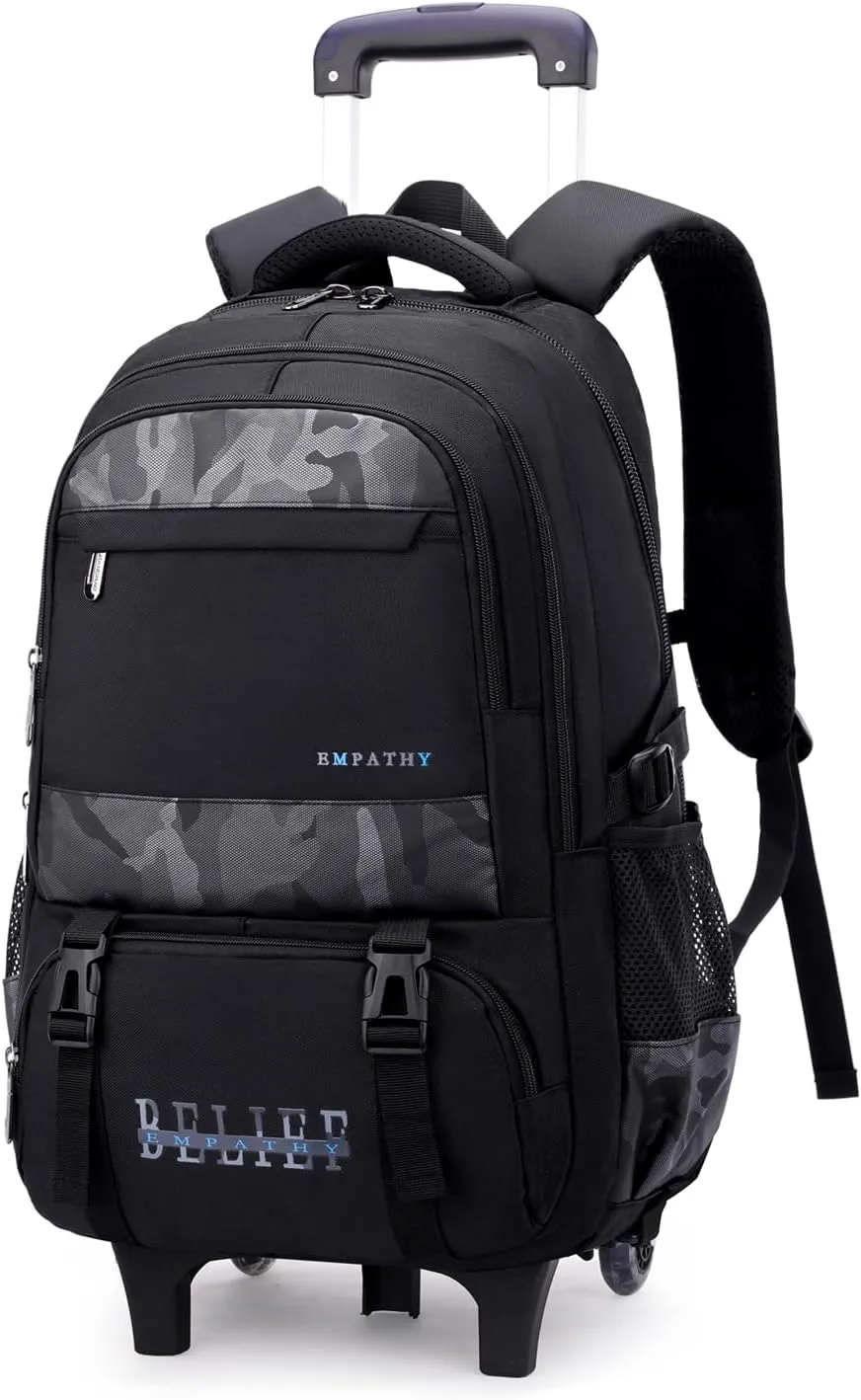 Black Rolling Backpack for Boys,Backpack with Wheels Boys Roller Trolley Bookbag Kids Wheeled School Back Pack