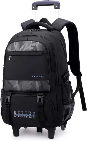 Black Rolling Backpack for Boys,Backpack with Wheels Boys Roller Trolley Bookbag Kids Wheeled School Back Pack