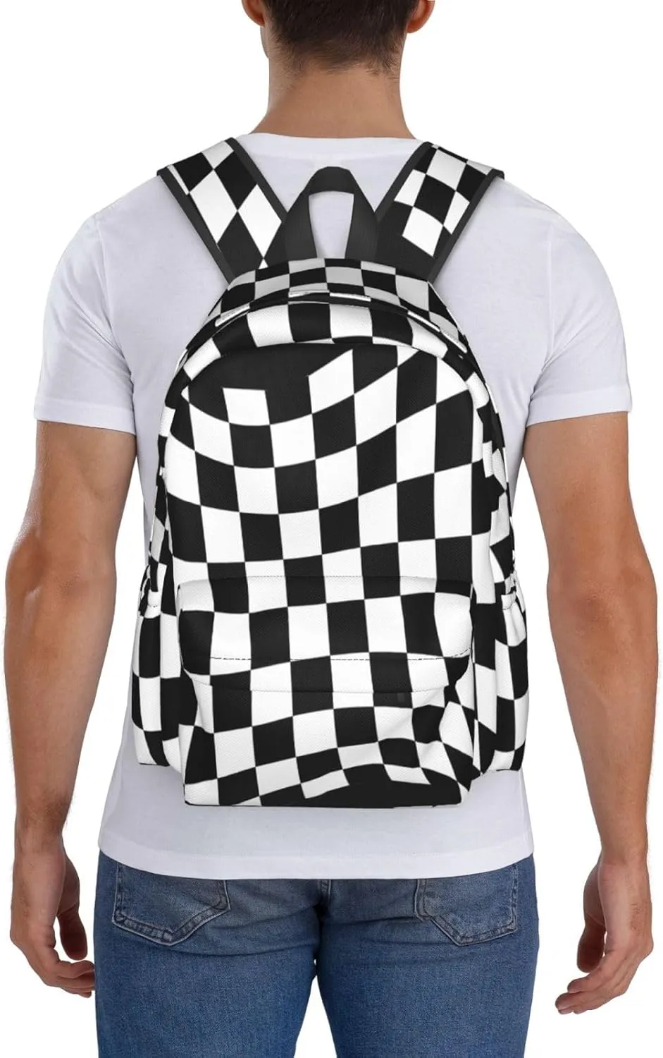 Black White Checkered Race Flag Casual Backpacks Large Travel Backpack Laptop Rucksack Sports Daypack Adjustable Strap Bag for Camping Hiking
