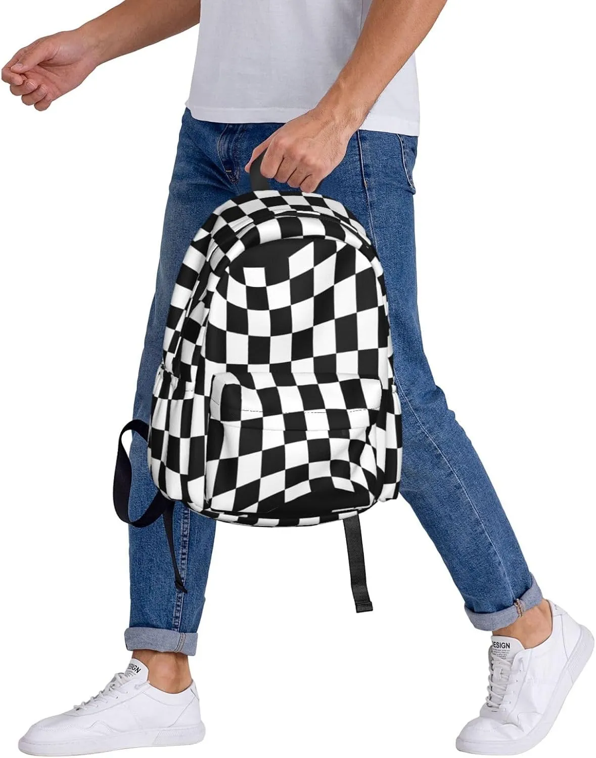 Black White Checkered Race Flag Casual Backpacks Large Travel Backpack Laptop Rucksack Sports Daypack Adjustable Strap Bag for Camping Hiking
