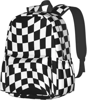 Black White Checkered Race Flag Casual Backpacks Large Travel Backpack Laptop Rucksack Sports Daypack Adjustable Strap Bag for Camping Hiking