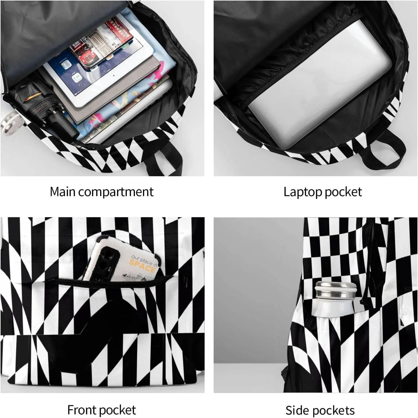 Black White Checkered Race Flag Casual Backpacks Large Travel Backpack Laptop Rucksack Sports Daypack Adjustable Strap Bag for Camping Hiking