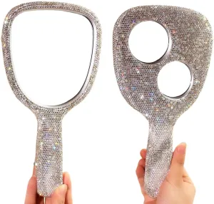 Bling Bling Handheld Mirror - HD Portable Compact Makeup Mirror with Rhinestone Accents - Luxury Desktop Cosmetic Mirror Gift (Silver)