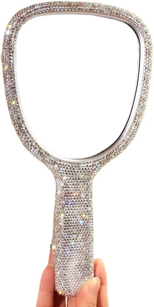 Bling Bling Handheld Mirror - HD Portable Compact Makeup Mirror with Rhinestone Accents - Luxury Desktop Cosmetic Mirror Gift (Silver)