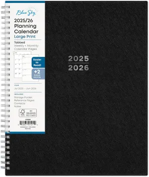 Blue Sky 2025-2026 Academic Year Large Print Weekly and Monthly Planner Calendar, July 2025 - June 2026, 12-Month, 8.5" x 11", Flexible Cover, Wirebound, Storage Pocket, Laminated Tabs, Black