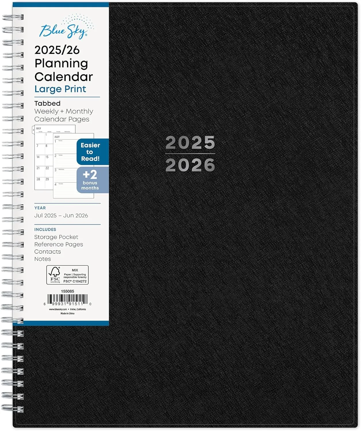 Blue Sky 2025-2026 Academic Year Large Print Weekly and Monthly Planner Calendar, July 2025 - June 2026, 12-Month, 8.5" x 11", Flexible Cover, Wirebound, Storage Pocket, Laminated Tabs, Black