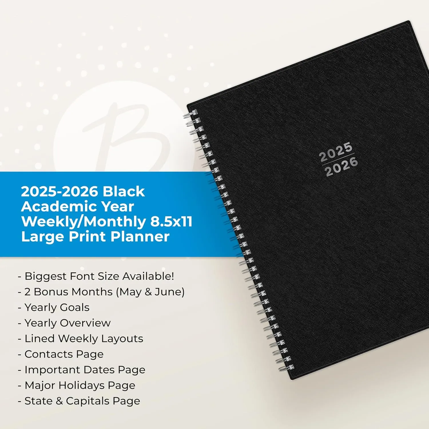 Blue Sky 2025-2026 Academic Year Large Print Weekly and Monthly Planner Calendar, July 2025 - June 2026, 12-Month, 8.5" x 11", Flexible Cover, Wirebound, Storage Pocket, Laminated Tabs, Black