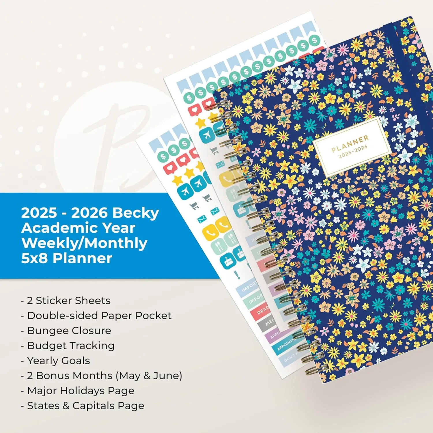 Blue Sky 2025-2026 Academic Year Weekly and Monthly Planner Calendar, July 2025 - June 2026, 12-Month, 5" x 8", Hard Cover, Wirebound, Storage Pocket, Laminated Tabs, Stickers, Becky