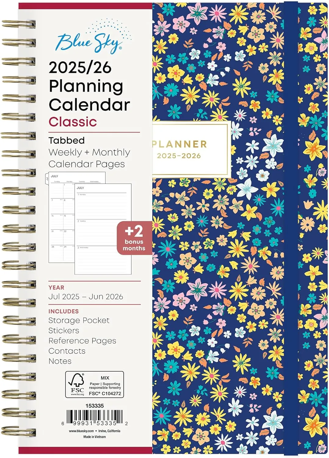 Blue Sky 2025-2026 Academic Year Weekly and Monthly Planner Calendar, July 2025 - June 2026, 12-Month, 5" x 8", Hard Cover, Wirebound, Storage Pocket, Laminated Tabs, Stickers, Becky