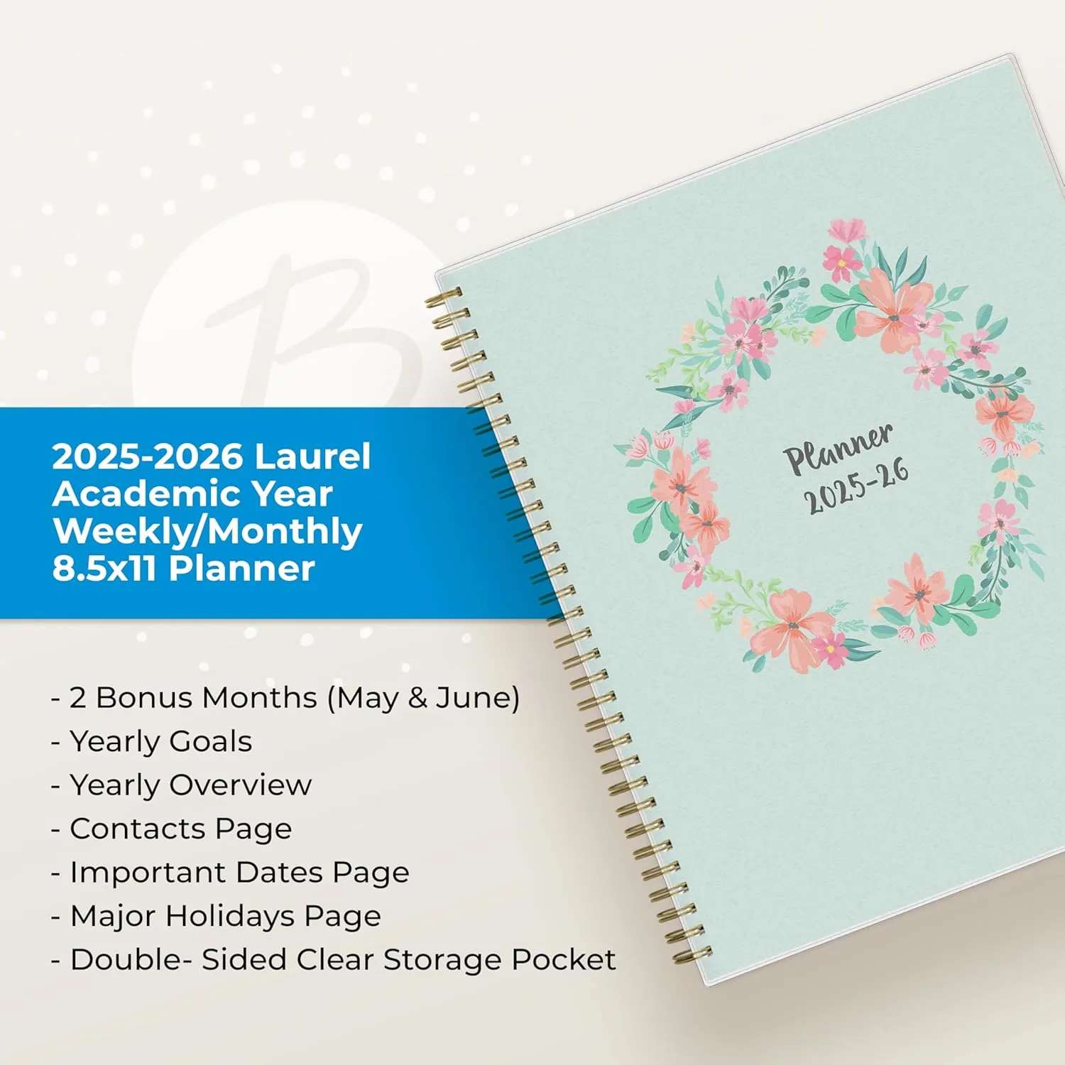Blue Sky 2025-2026 Weekly and Monthly Academic Year Planner Calendar, July 2025 - June 2026, 8.5" x 11", Flexible Cover, Wirebound, Laminated Tabs, Storage Pocket, Laurel