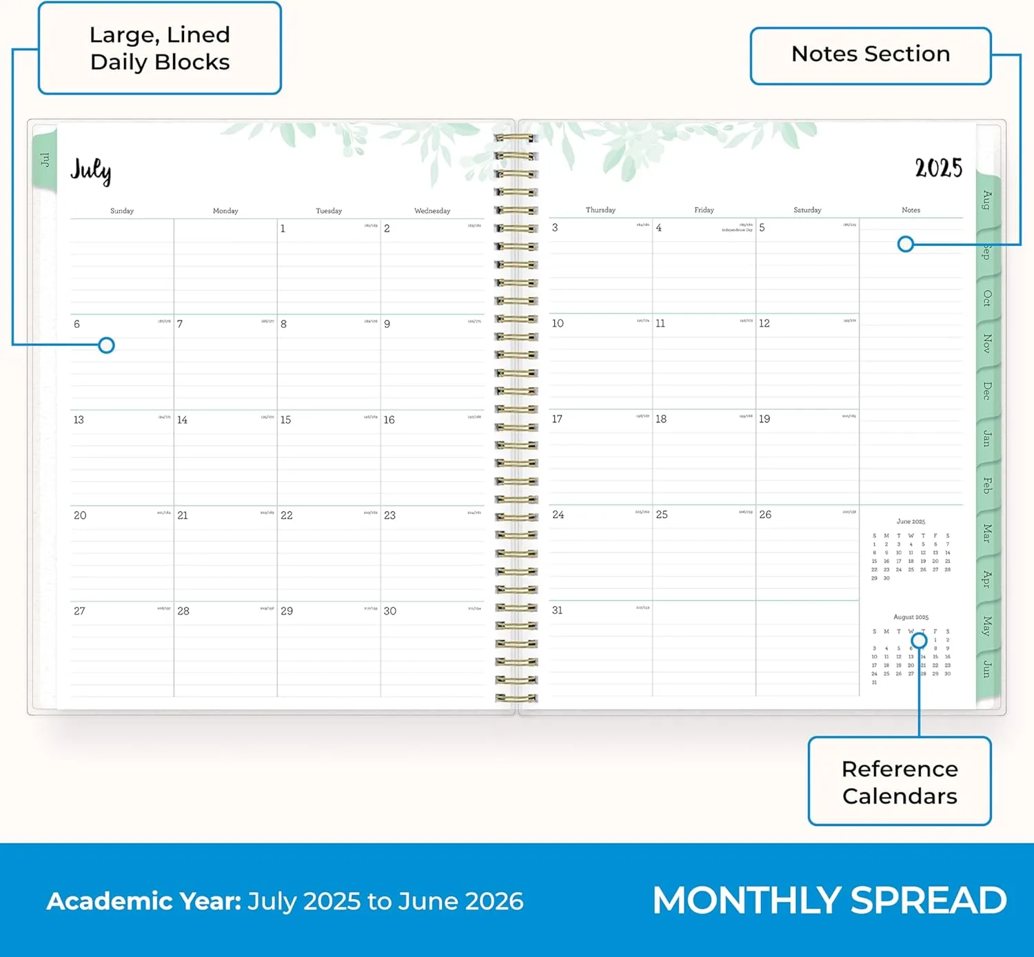 Blue Sky 2025-2026 Weekly and Monthly Academic Year Planner Calendar, July 2025 - June 2026, 8.5" x 11", Flexible Cover, Wirebound, Laminated Tabs, Storage Pocket, Laurel
