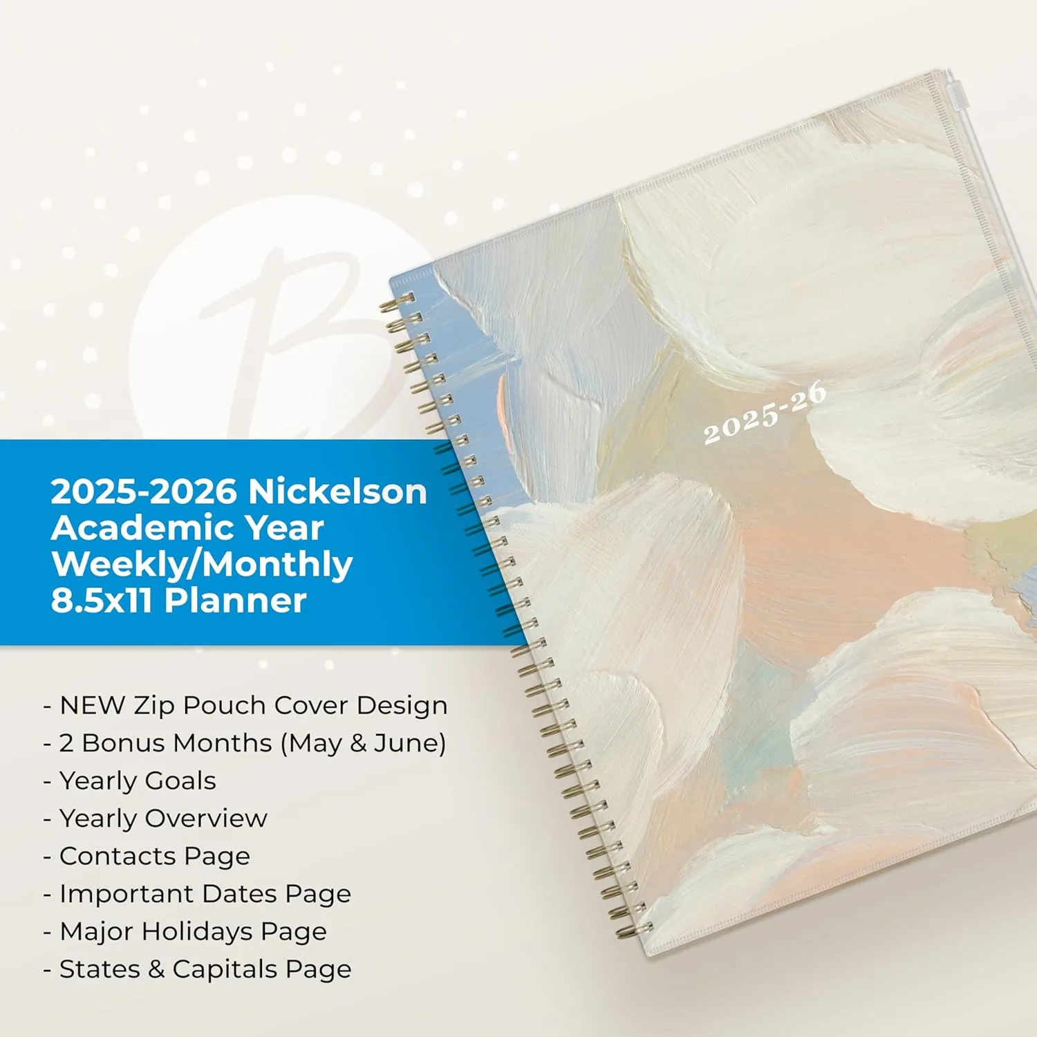 Blue Sky 2025-2026 Weekly and Monthly Academic Year Planner Calendar, July 2025 - June 2026, 8.5" x 11", Flexible Cover With Zip Pouch, Wirebound, Storage Pocket, Nickelson