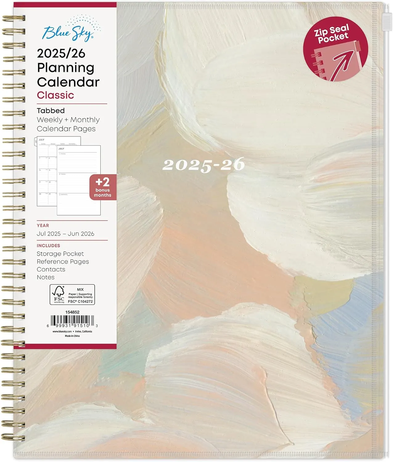 Blue Sky 2025-2026 Weekly and Monthly Academic Year Planner Calendar, July 2025 - June 2026, 8.5" x 11", Flexible Cover With Zip Pouch, Wirebound, Storage Pocket, Nickelson