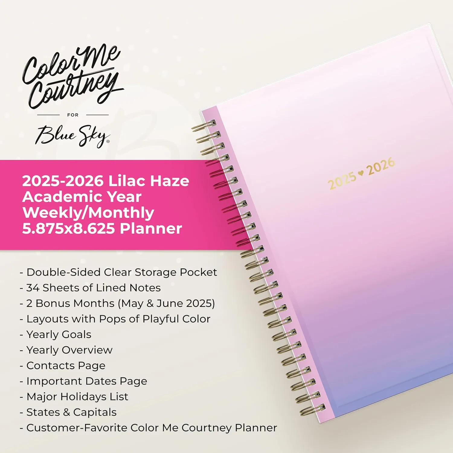 Blue Sky Color Me Courtney 2025-2026 Weekly and Monthly Academic Year Planner Calendar, July 2025 - June 2026, 5.875" x 8.625", Flexible Cover, Wirebound, Laminated Tabs, Storage Pocket, Lilac Haze
